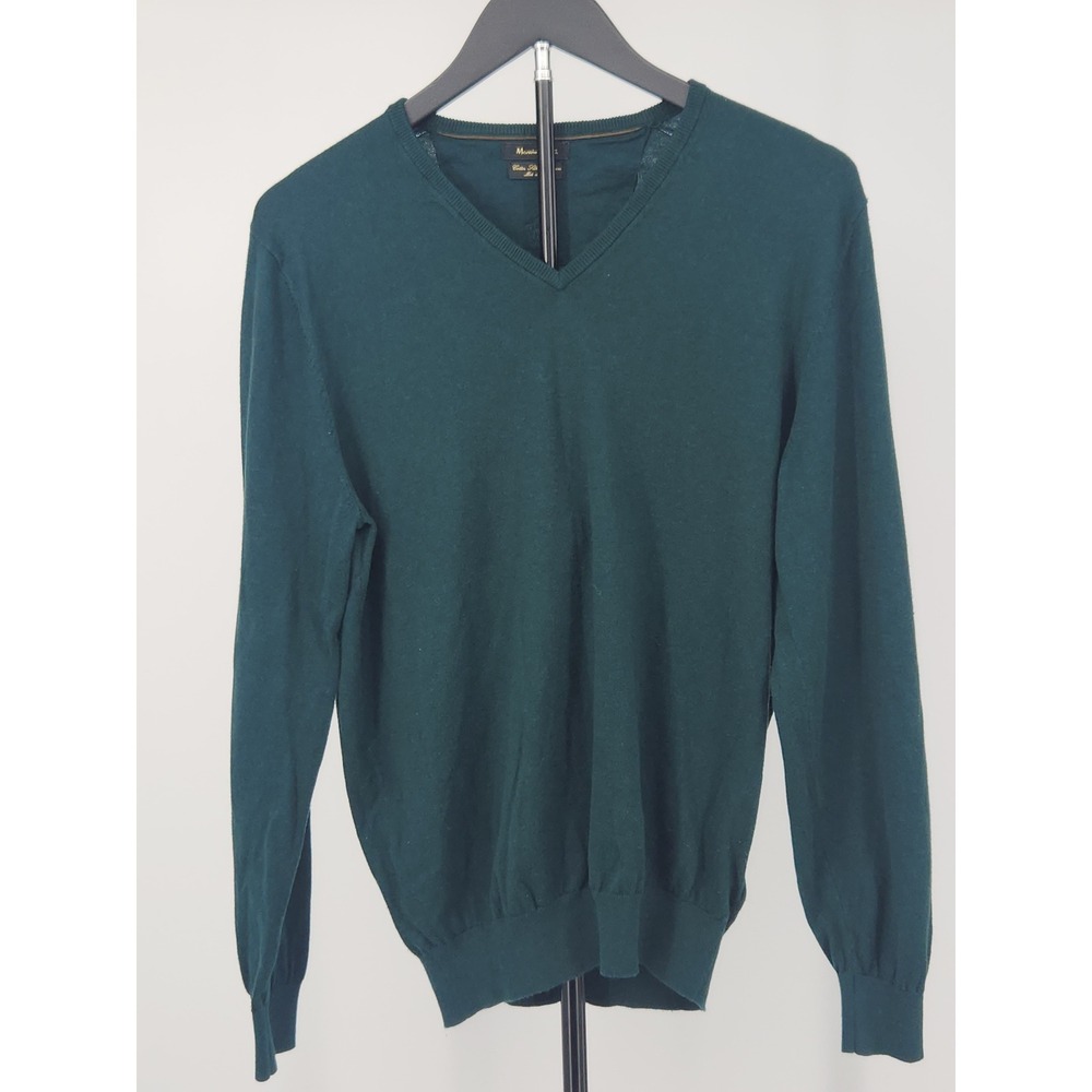 Massimo Dutti Mens Green Cotton Silk Cashmere V-Neck Sweater Elbow Patches L